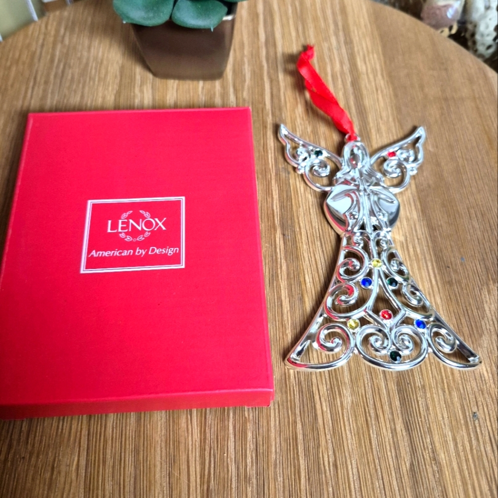 ❤️‍🔥 NEW LENOX SPARKLE SCROLL MULTI-CRYSTAL SILVERPLATE ANGEL ORNAMENT IN BOX